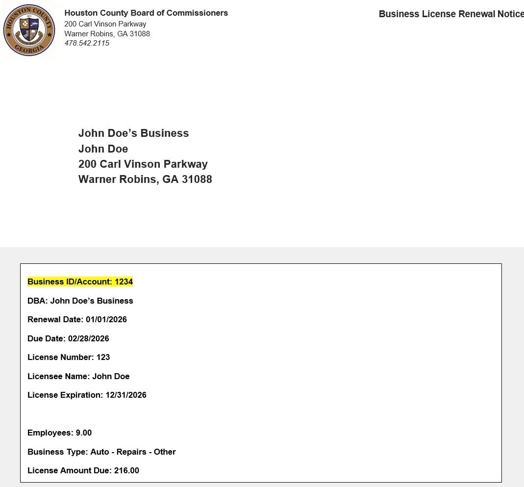 Sample renewal notice showing Account ID location